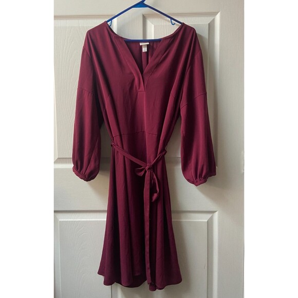 A New Day Dress WomesPlus XXL Burgundy Knee Length V Neck Bishop Sleeves Tie - Picture 2 of 10